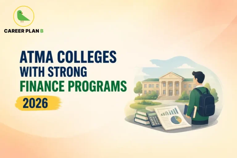 ATMA colleges with strong finance programs in 2026, featuring an illustrated campus and finance materials.