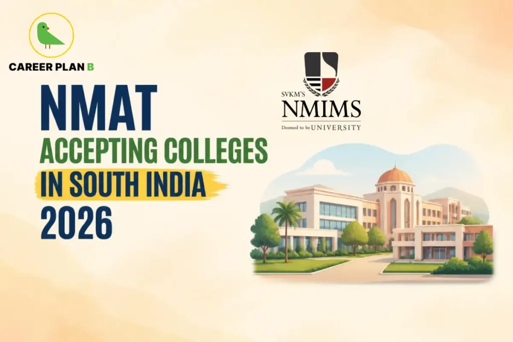 NMAT accepting colleges in South India 2026, featuring Career Plan B and SVKM's NMIMS logos with an illustrated campus.