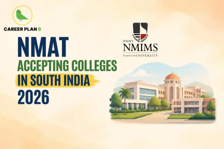 NMAT accepting colleges in South India 2026, featuring Career Plan B and SVKM's NMIMS logos with an illustrated campus.