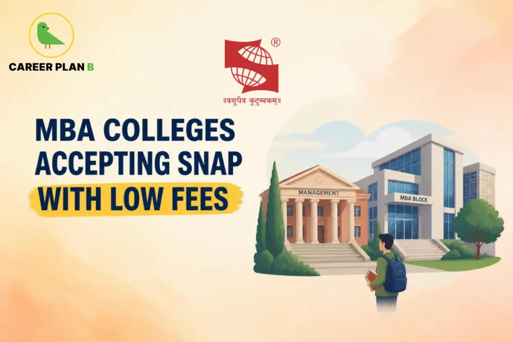 MBA colleges accepting SNAP with low fees, featuring the Career Plan B logo and Symbiosis campus buildings.