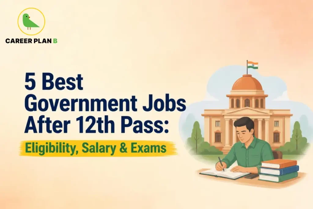 Banner text highlighting 5 best government jobs after 12th pass including eligibility, salary, and exams, alongside a student studying before a government building.