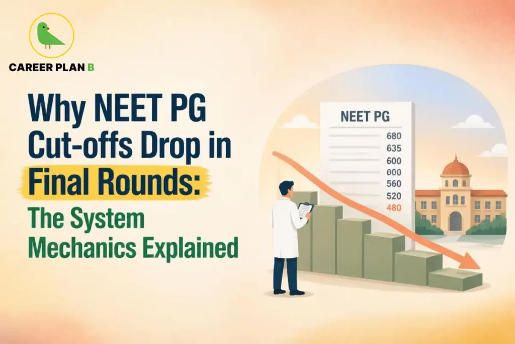 Illustration explaining why NEET PG Cut-offs drop in final rounds using declining score trends and counselling analysis.