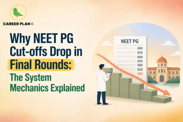 Illustration explaining why NEET PG Cut-offs drop in final rounds using declining score trends and counselling analysis.
