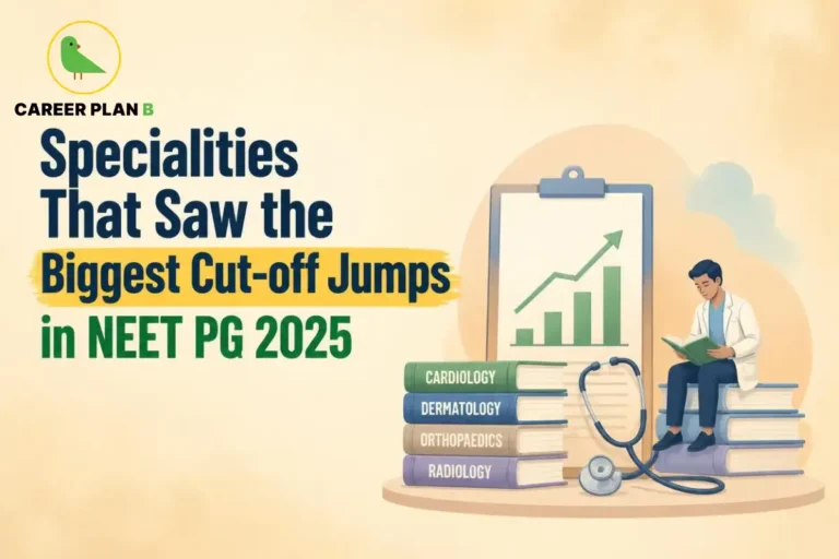Illustration showing NEET PG 2025 specialties with the biggest cut-off jumps using a rising trend chart and medical books.
