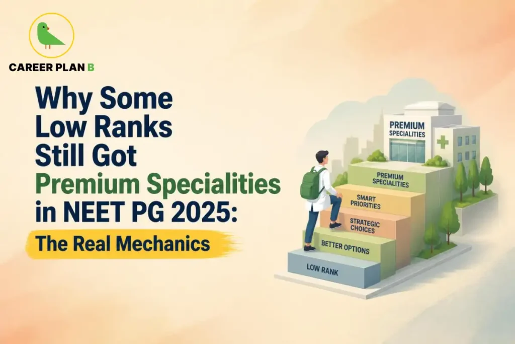 Illustration showing how low ranks in NEET PG 2025 can secure premium specialities through strategic counselling choices.
