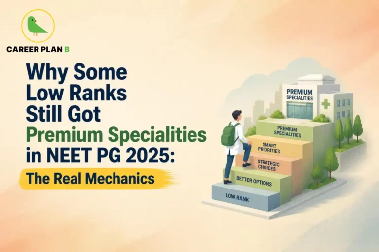 Illustration showing how low ranks in NEET PG 2025 can secure premium specialities through strategic counselling choices.