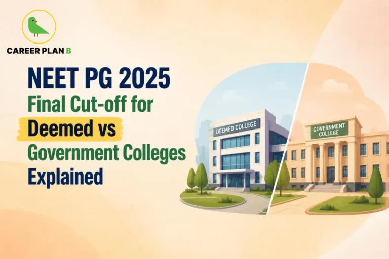 Illustration comparing the NEET PG 2025 Final Cut-off for deemed and government medical colleges through counselling and admission pathways.