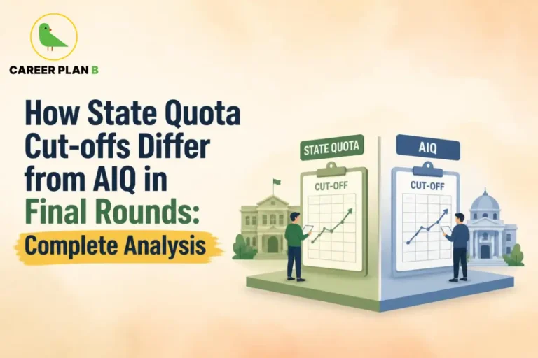 Illustration comparing State Quota Cut-offs and AIQ final-round counselling through seat matrices, closing ranks, and quota analysis.