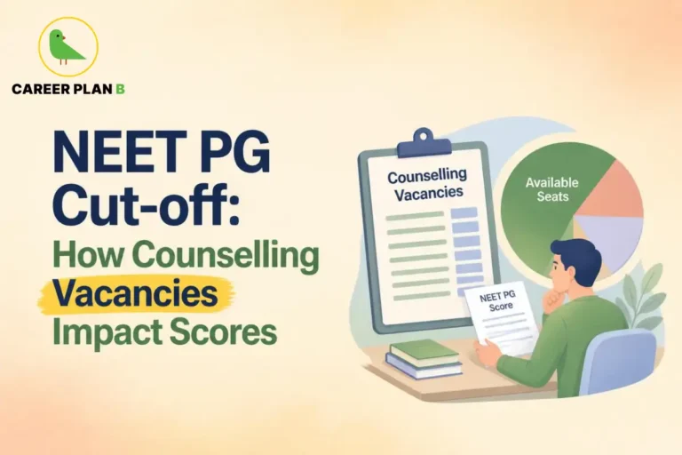 Illustration showing NEET PG cut-off changes through counselling vacancies, seat matrix updates, and available seats.