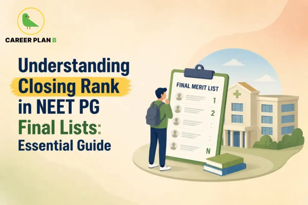 Illustration explaining NEET PG final lists with a final merit list, closing rank concept, and medical college admission.
