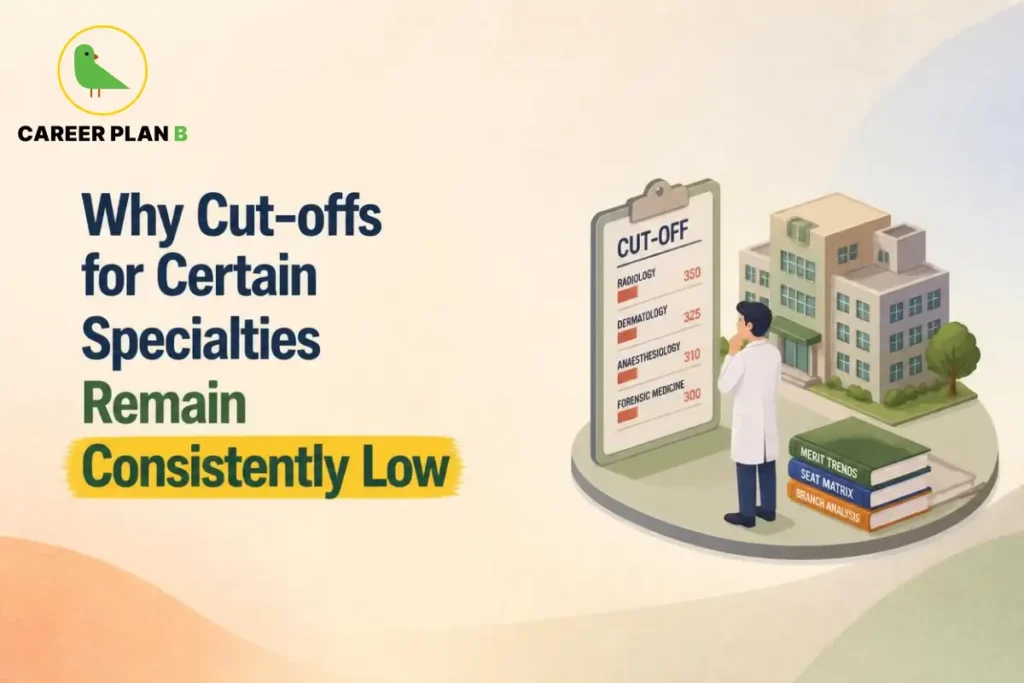 Illustration showing cut-offs for certain specialties with branch-wise cut-off trends, a merit list, and a medical college.