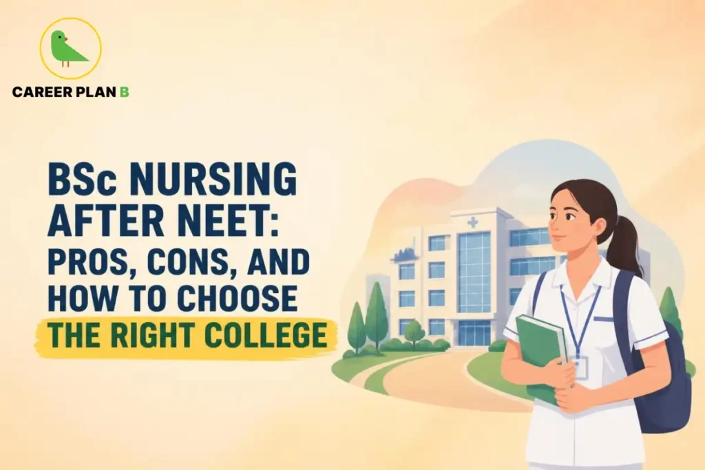 Banner text detailing BSc Nursing after NEET pros, cons, and college selection guide, with a nursing student outside a hospital campus.