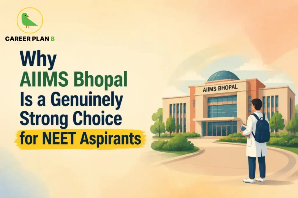Banner text explaining why AIIMS Bhopal is a genuinely strong choice for NEET aspirants, with a medical student standing outside the All India Institute of Medical Sciences Bhopal campus.