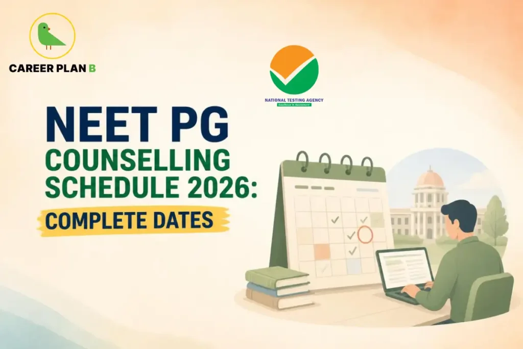 Educational infographic by Career Plan B titled "NEET PG COUNSELLING SCHEDULE 2026: COMPLETE DATES". Top-left shows the Career Plan B logo with a green bird in a gold circle. Right side features a student at a desk working on a laptop next to a large calendar and books, with a university in the background. The National Testing Agency (NTA) logo is at top-center.