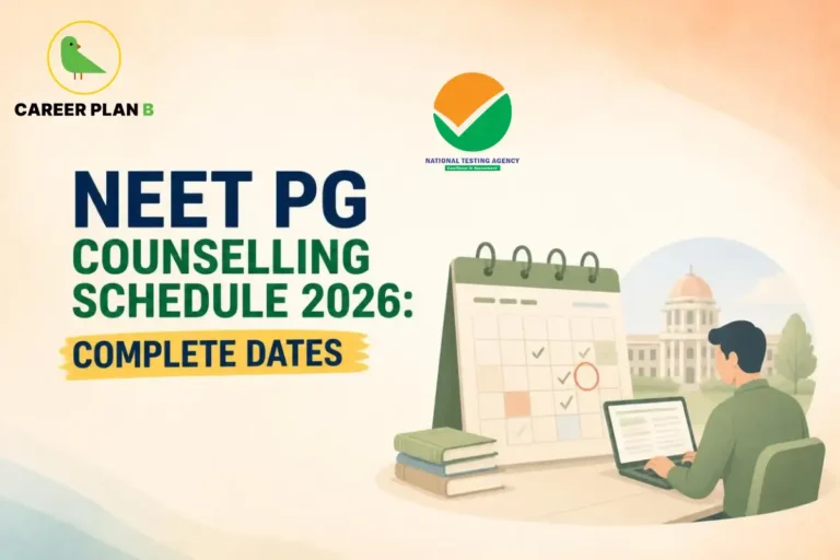 Educational infographic by Career Plan B titled "NEET PG COUNSELLING SCHEDULE 2026: COMPLETE DATES". Top-left shows the Career Plan B logo with a green bird in a gold circle. Right side features a student at a desk working on a laptop next to a large calendar and books, with a university in the background. The National Testing Agency (NTA) logo is at top-center.