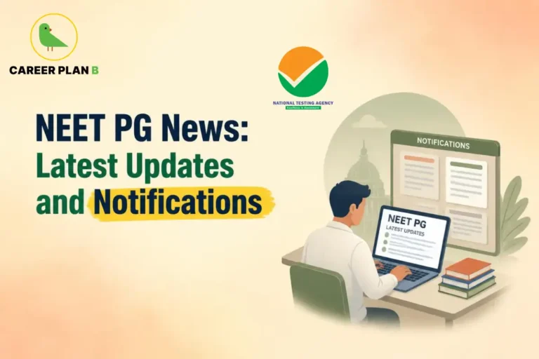 Educational infographic by Career Plan B titled "NEET PG News: Latest Updates and Notifications". Top-left features the Career Plan B logo with a green bird inside a gold circle. Right side depicts a student at a desk using a laptop displaying "NEET PG LATEST UPDATES" in front of a "NOTIFICATIONS" board and stacked books. The National Testing Agency (NTA) logo is positioned at top-center.