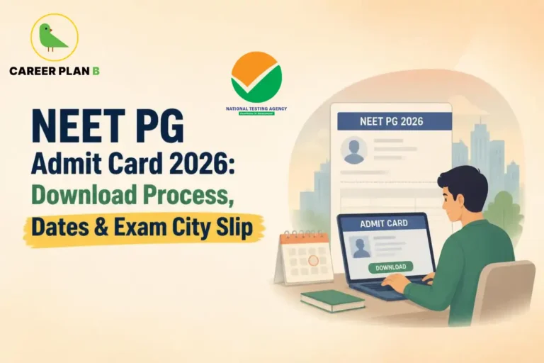 Educational infographic by Career Plan B titled "NEET PG Admit Card 2026: Download Process, Dates & Exam City Slip". Top-left features the Career Plan B logo with a green bird inside a gold circle. Right side shows a student sitting at a desk downloading an admit card on a laptop, alongside a calendar and a large "NEET PG 2026" document graphic. The National Testing Agency (NTA) logo is positioned at top-center.