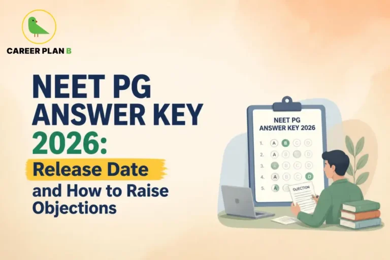 Educational infographic by Career Plan B titled "NEET PG ANSWER KEY 2026: Release Date and How to Raise Objections". Top-left features the Career Plan B logo with a green bird inside a gold circle. Right side shows a student sitting at a desk with a laptop and books, holding an "OBJECTION" document next to a large clipboard displaying a "NEET PG ANSWER KEY 2026" OMR response sheet.