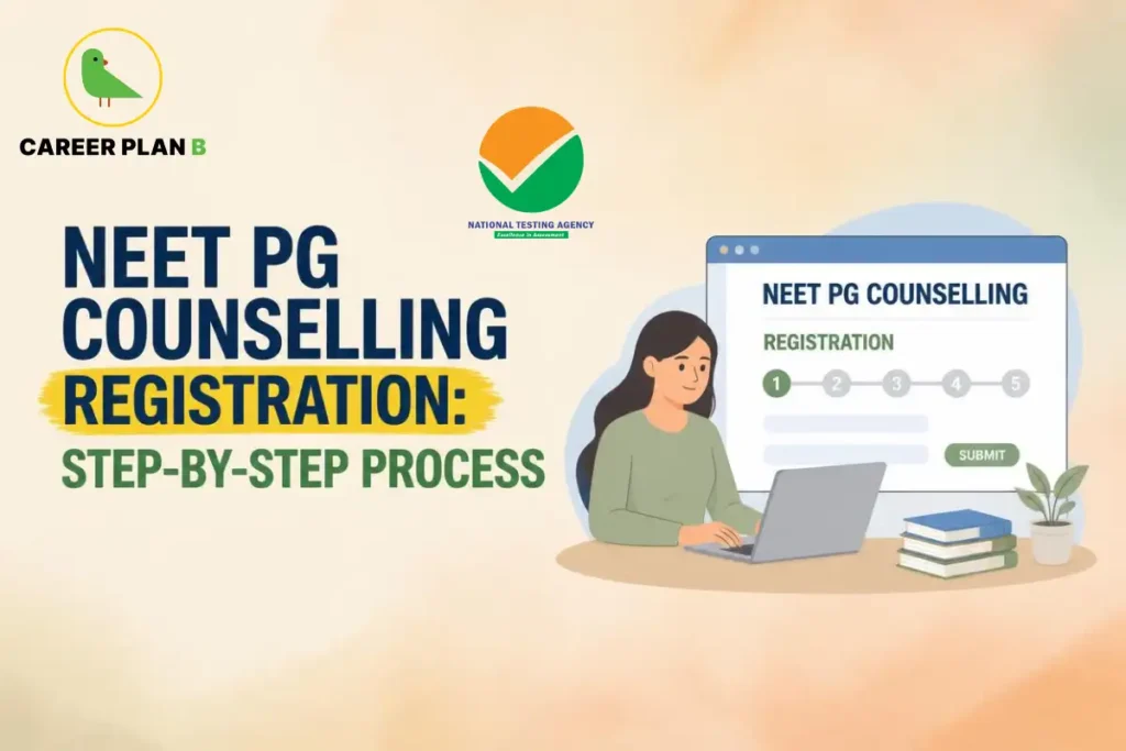 Educational infographic by Career Plan B titled "NEET PG COUNSELLING REGISTRATION: STEP-BY-STEP PROCESS". Top-left features the Career Plan B logo with a green bird inside a gold circle. Right side shows a female student working on a laptop in front of a web portal screen displaying "NEET PG COUNSELLING REGISTRATION" steps and a "SUBMIT" button. The National Testing Agency (NTA) logo is positioned at top-center.