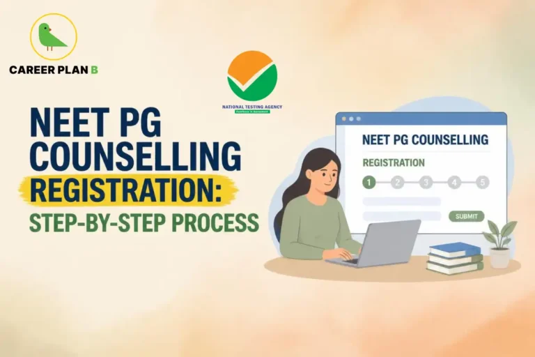 Educational infographic by Career Plan B titled "NEET PG COUNSELLING REGISTRATION: STEP-BY-STEP PROCESS". Top-left features the Career Plan B logo with a green bird inside a gold circle. Right side shows a female student working on a laptop in front of a web portal screen displaying "NEET PG COUNSELLING REGISTRATION" steps and a "SUBMIT" button. The National Testing Agency (NTA) logo is positioned at top-center.