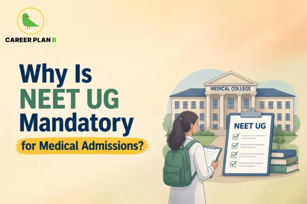 NEET UG requirement for medical admissions shown with a student and medical college.
