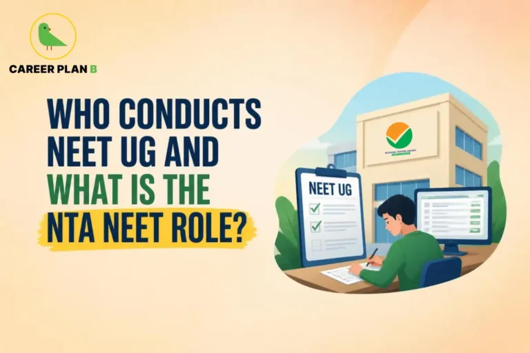 NEET examination conducted by NTA, shown with a student completing an exam.