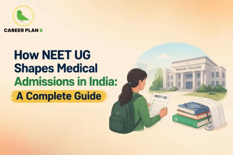 NEET UG shaping medical admissions in India, shown with a student and medical college.