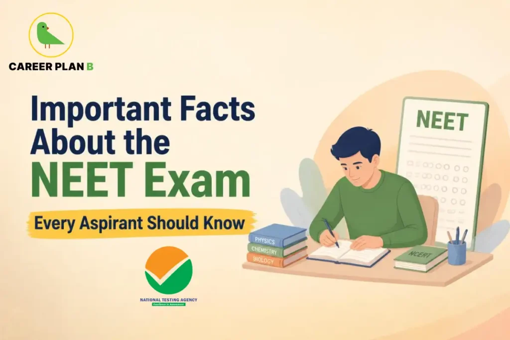 Important facts about the NEET exam shown with a student studying physics, chemistry and biology.