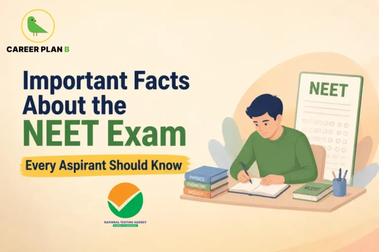 Important facts about the NEET exam shown with a student studying physics, chemistry and biology.