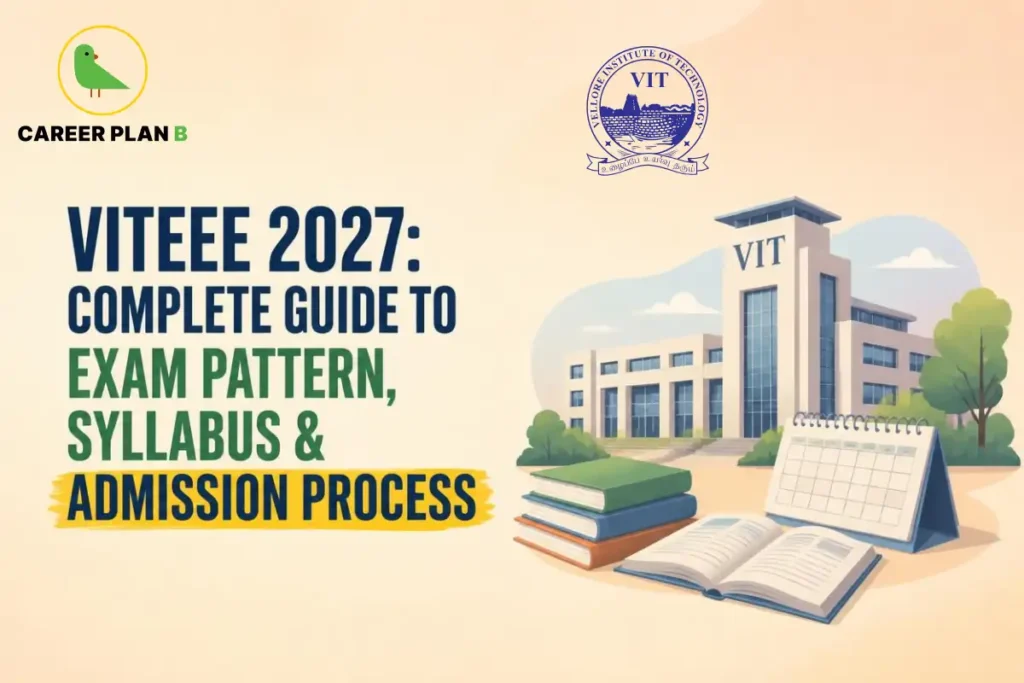 VITEEE 2027 complete guide featuring VIT campus illustration and information about the exam pattern, syllabus and admission process for students preparing for the VIT engineering entrance exam