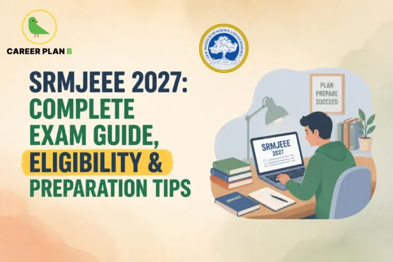 SRMJEEE 2027 complete exam guide showing exam eligibility, preparation tips and a student preparing for the entrance exam on a laptop