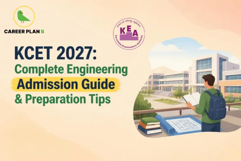 KCET 2027 complete engineering admission guide featuring Karnataka Examinations Authority, engineering campus illustration and preparation tips for aspiring students