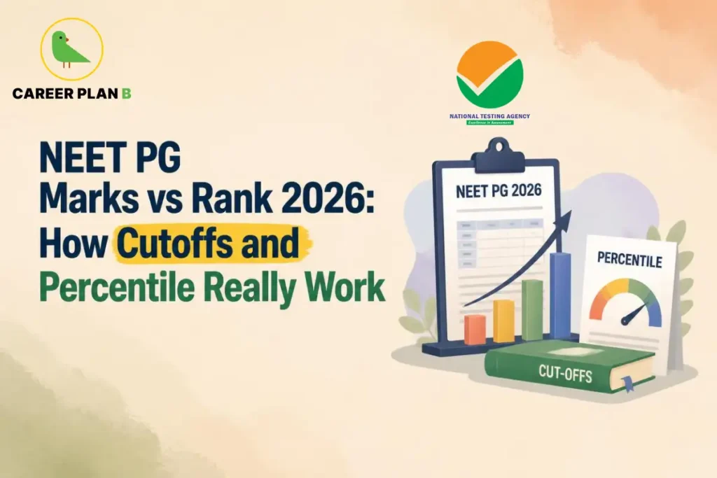 Career Plan B and NTA logos with NEET PG 2026 marks, rank, cutoff, and percentile graphics.