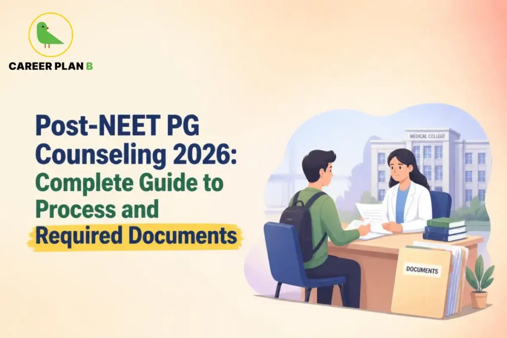 Career Plan B graphic showing post-NEET PG counselling 2026 process and required documents.