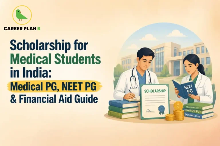 Career Plan B graphic showing medical students, scholarship certificate, NEET PG books, and financial aid.