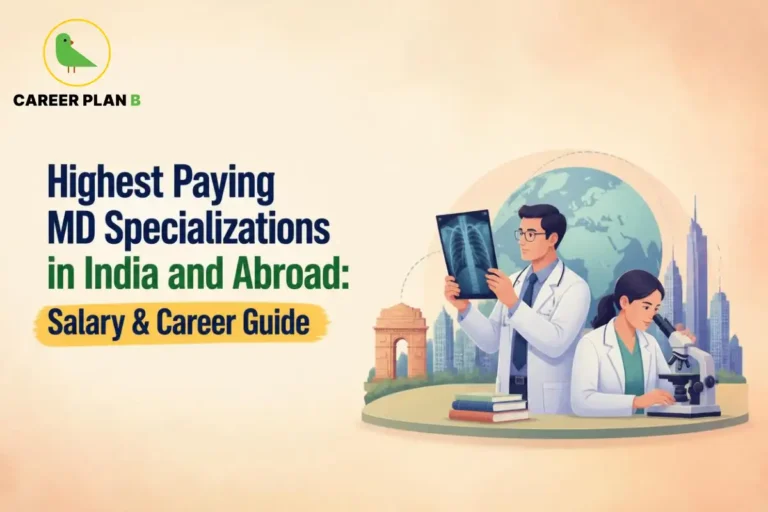 Career Plan B graphic showing doctors, medical imaging, and highest-paying MD specializations in India and abroad.