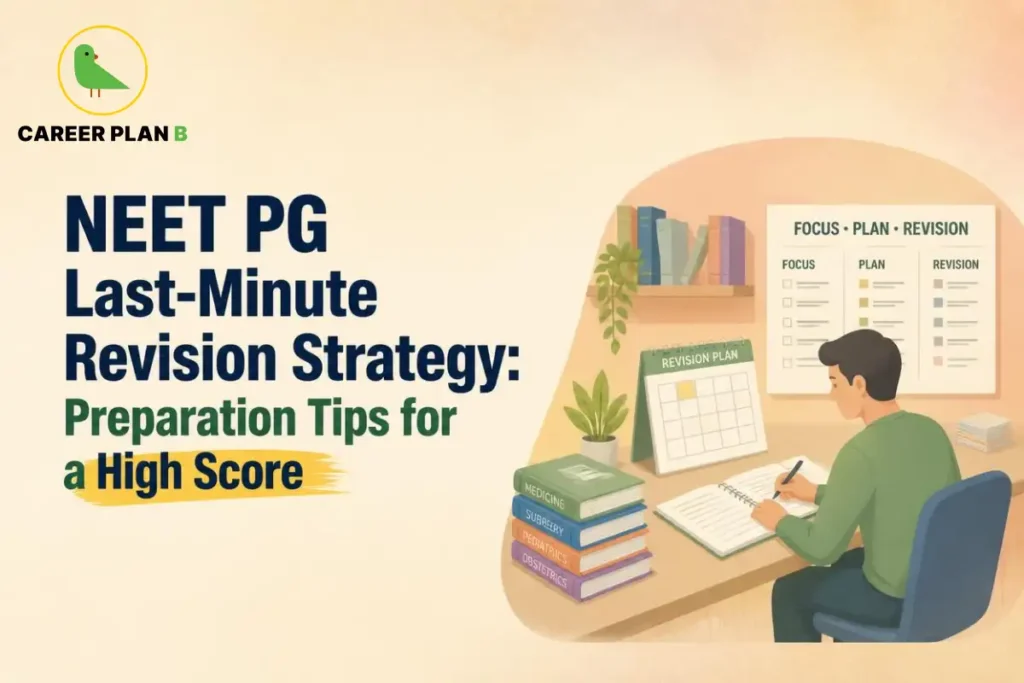 Career Plan B graphic showing NEET PG last-minute revision strategy with study books and a revision plan.