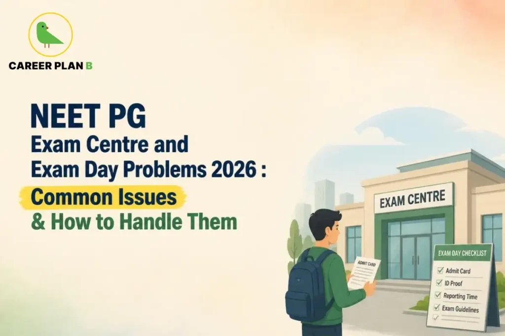 NEET PG exam centre and exam day problems 2026 guide showing common issues, admit card, ID proof, reporting time, exam guidelines, and an exam centre
