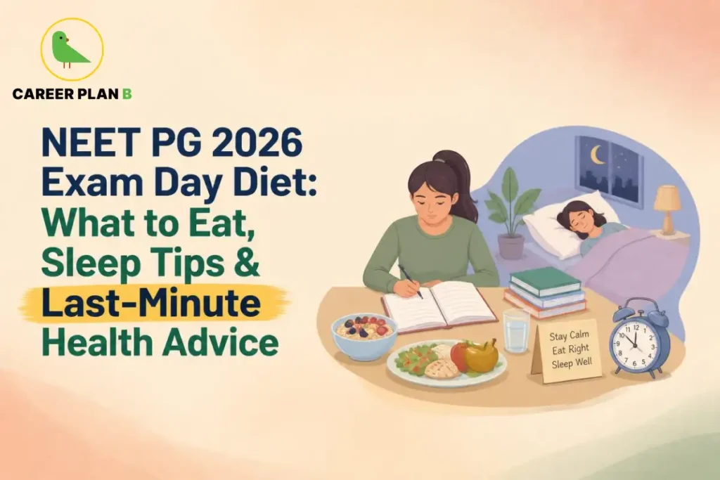 NEET PG 2026 exam day diet guide showing healthy food choices, sleep tips, study preparation, hydration, and last-minute health advice for medical aspirants