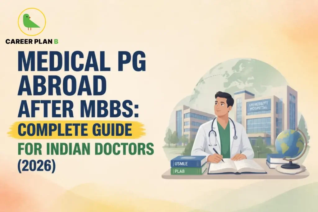 Medical PG abroad after MBBS guide for Indian doctors in 2026, showing an international medical graduate preparing for postgraduate studies overseas with USMLE and PLAB pathways
