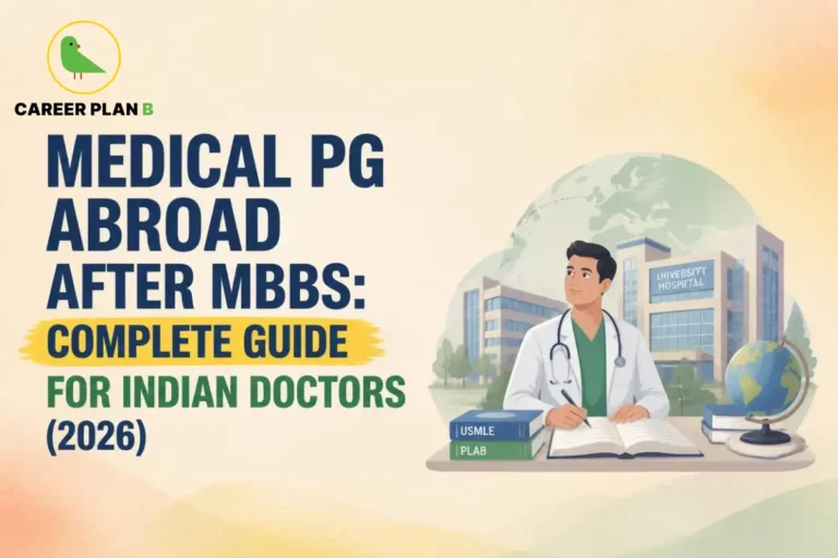 Medical PG abroad after MBBS guide for Indian doctors in 2026, showing an international medical graduate preparing for postgraduate studies overseas with USMLE and PLAB pathways