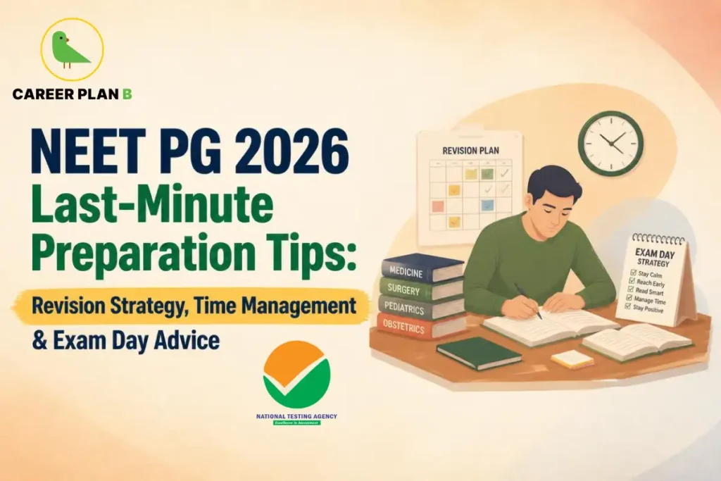 NEET PG 2026 last-minute preparation tips infographic showing a medical aspirant studying with subject books, a revision plan, clock and exam day checklist.