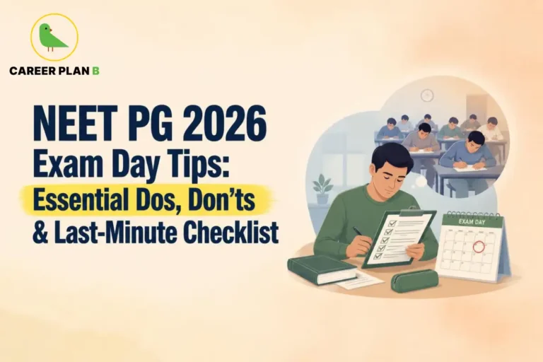 NEET PG 2026 exam day tips infographic showing a medical aspirant reviewing an essential checklist, exam calendar and last-minute preparation tasks.
