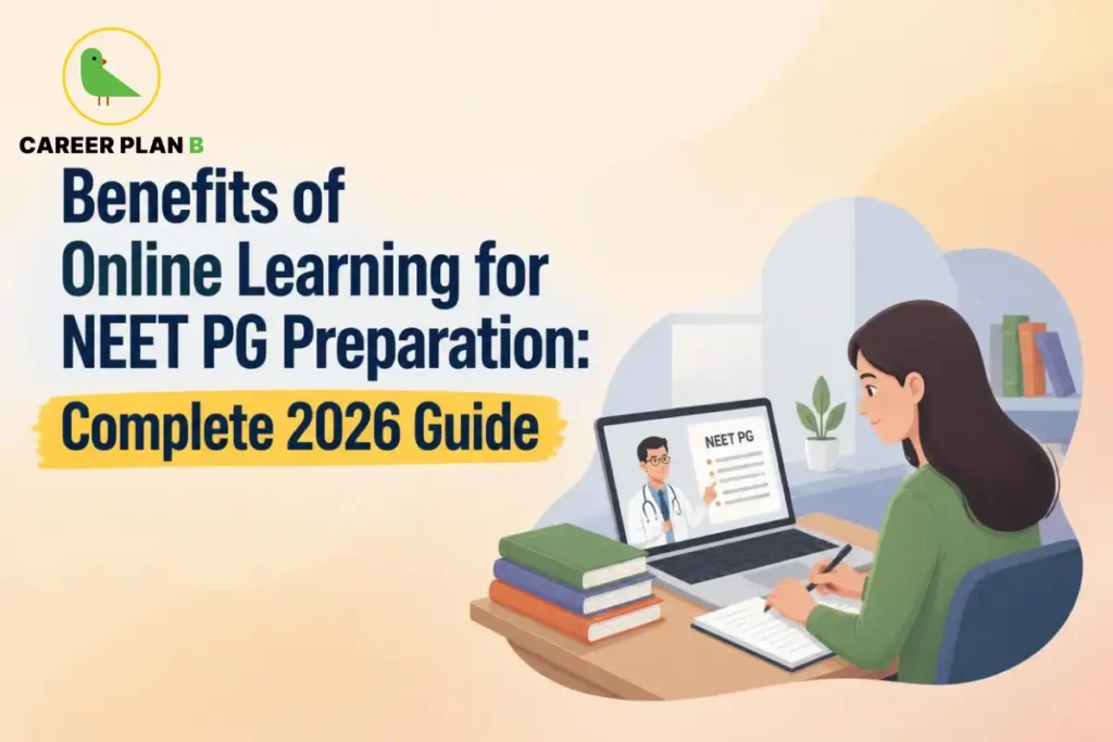 Benefits of online learning for NEET PG preparation, showing a student studying with digital resources.
