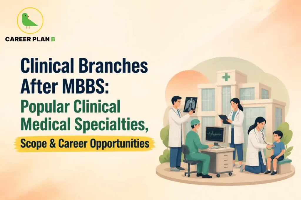 Clinical branches after MBBS, showing doctors providing medical care in a hospital setting.