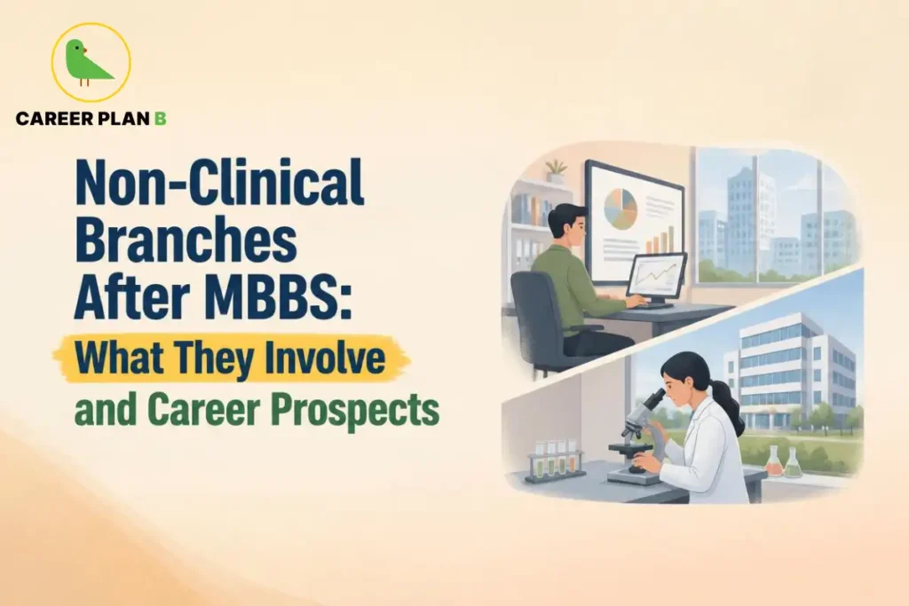 Non-clinical branches after MBBS, showing healthcare research and management career options.