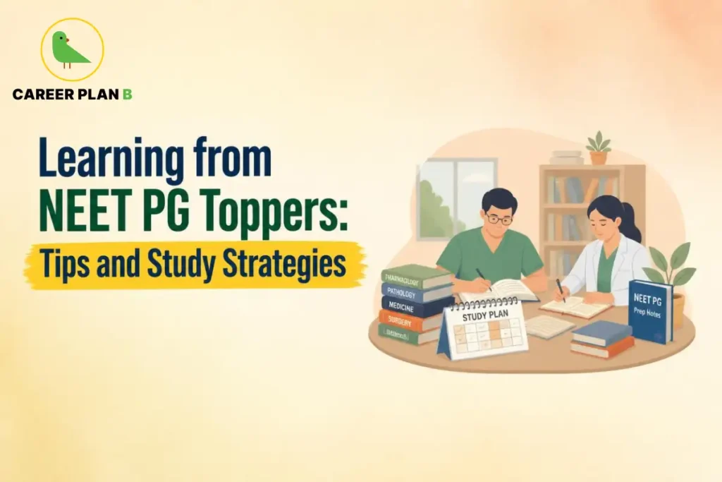 NEET PG toppers studying with books and a study plan, with Career Plan B branding visible.