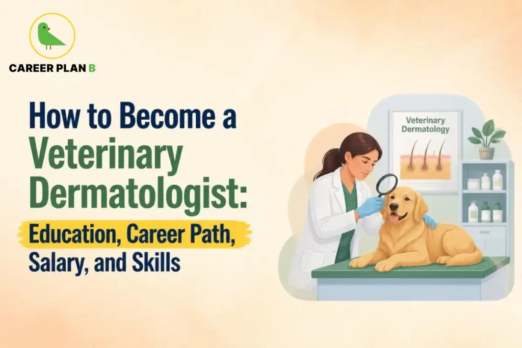 Career Plan B logo with a veterinary dermatologist examining a dog beside a veterinary dermatology poster.