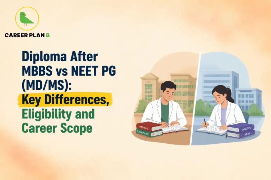 Career Plan B graphic comparing diploma after MBBS and NEET PG MD/MS with medical students