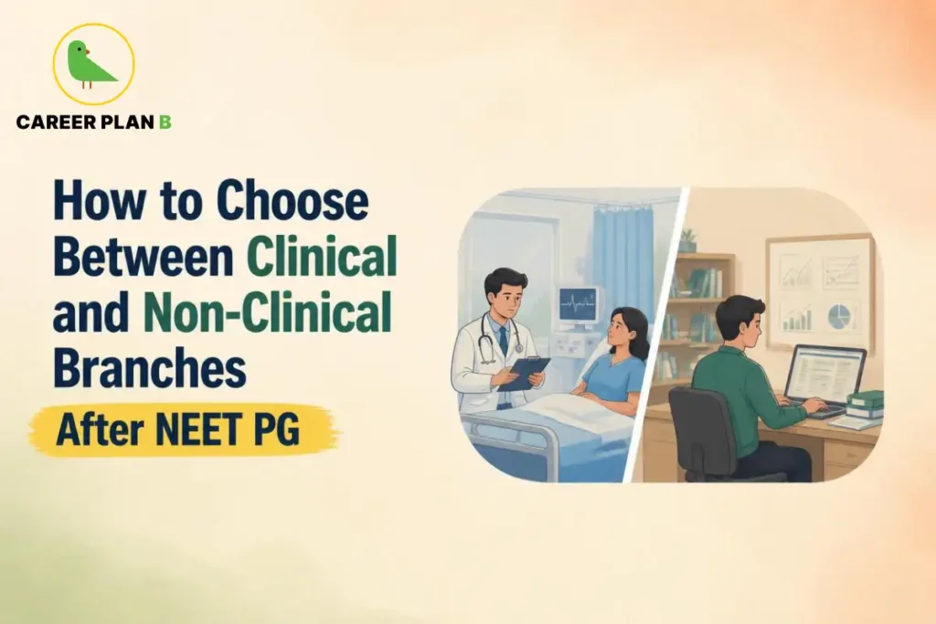 Career Plan B graphic showing clinical and non-clinical branches after NEET PG